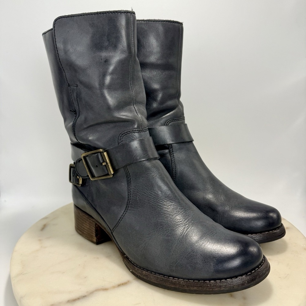 Clarks Monica Soul Navy/Gray Mid Calf Biker Boots Leather Buckles Moto 7.5M